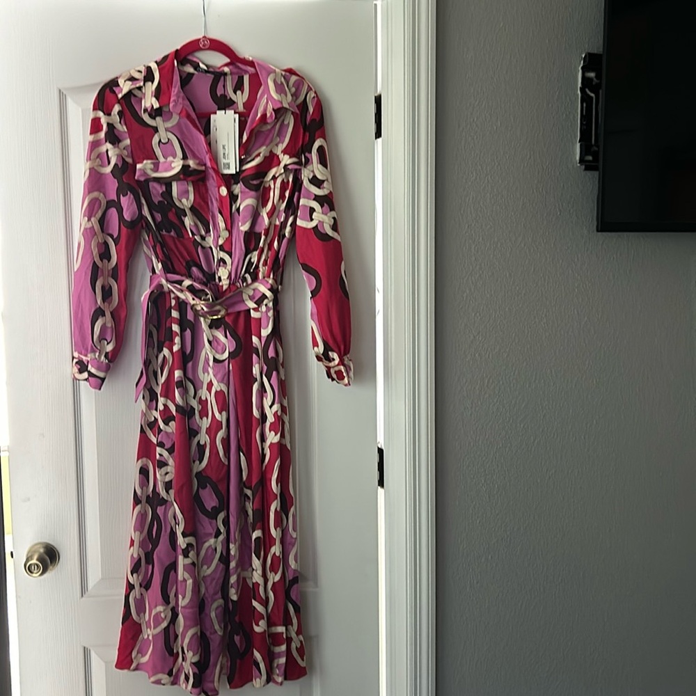Zara Pink and Purple Chain Print Midi Dress
